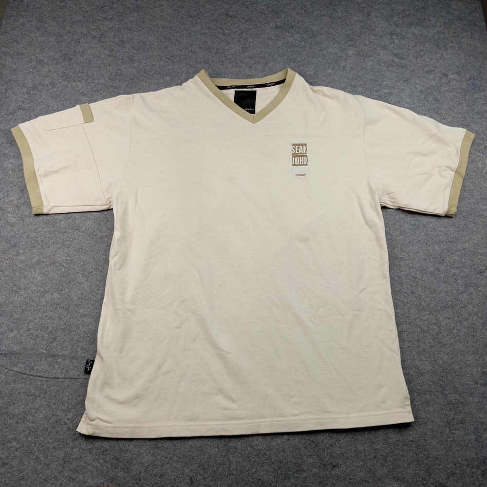 Sean John Shirt Mens Large White V Neck Logo Short Sleeve Tee Cotton Casual